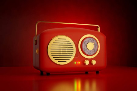 Téléchargez les photos : Antique Red Retro Radio sur fond rouge - 3D Illustration Render - en image libre de droit