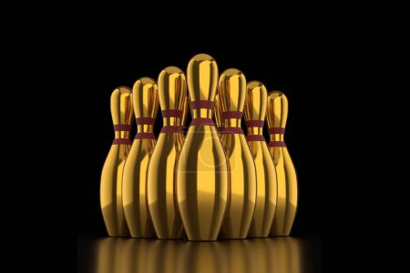 Téléchargez les photos : Gold Golden Bowling Pins on black background. 3d Illustration Rendering - en image libre de droit