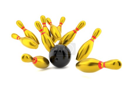 Téléchargez les photos : Bowling Action Ball Strikes the Gold Bowling pins on white background. 3d Illustration Rendering - en image libre de droit