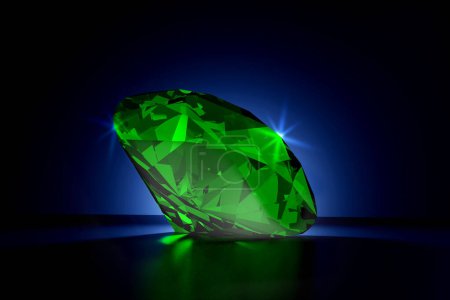 Beautiful Shiny Green Emerald Diamond on Black Blue Background - 3D Illustration Rendering