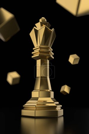 Foto de Pieza de rey de ajedrez dorado sobre fondo negro con cubos - 3D Illustration Render - Imagen libre de derechos
