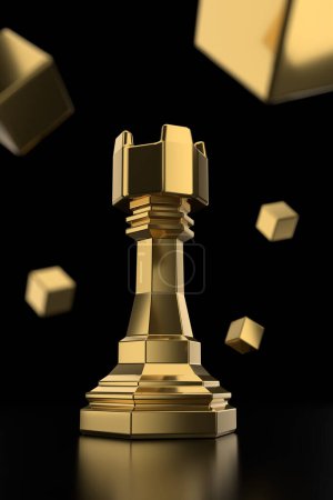 Téléchargez les photos : Pièce Golden Chess Rook sur fond noir avec cubes - 3D Illustration Render - en image libre de droit