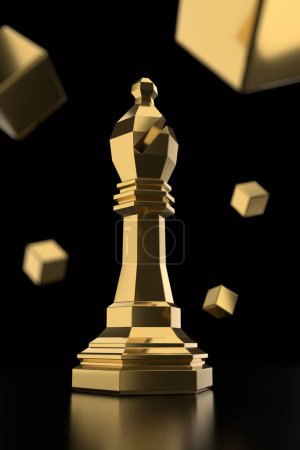 Photo for Golden Chess Bishop Piece on Black Background with Cubes - 3D Illustration Render - Royalty Free Image