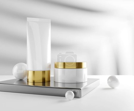 Foto de Skin Care Products Mockup - Premium Skin Care Cosmetic Product on a Block - 3d Illustration Render - Imagen libre de derechos