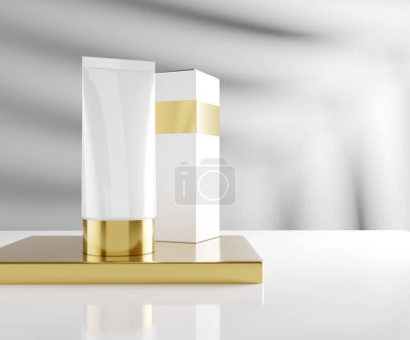 Foto de Cream Tube Mockup with a Box - Premium Skin Care Cosmetic Product on a Block - 3d Illustration Rendering - Imagen libre de derechos