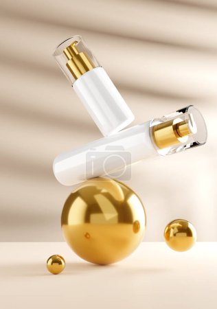 Photo for Skin Care Products Mockup - Premium Skin Care Cosmetic Product Balanced on Gold Ball - 3d Illustration Rendering - Royalty Free Image