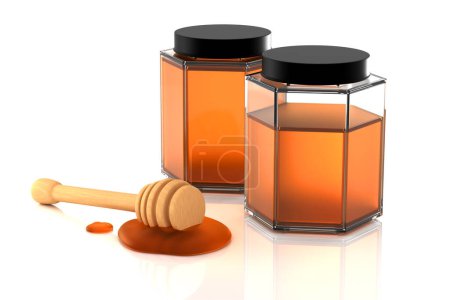 Foto de Organic Honey Jars with a Wooden Honey Dipper on White Background - 3D Illustration Rendering - Imagen libre de derechos