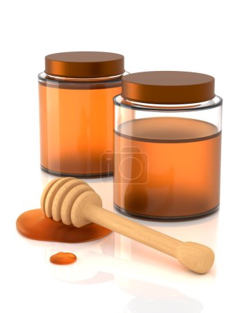 Foto de Organic Honey Jars with a Wooden Honey Dipper on White Background - 3D Illustration Render - Imagen libre de derechos
