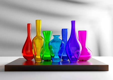 Téléchargez les photos : Empty Colorful Glass Vases on a block - Realistic 3d Illustration Rendering - en image libre de droit
