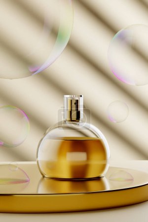 Foto de Glass Perfume Bottle Inspired By Bubbles - 3D Illustration Rendering - Imagen libre de derechos