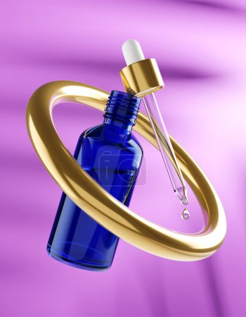 Foto de Burla de botella de suero de gotero azul con gotitas - 3D Illustration Render - Imagen libre de derechos