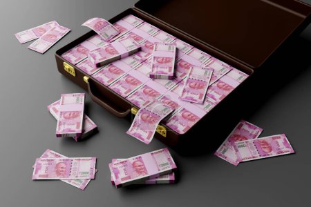 Indian Money Rupee 2000 Currency Notes in a Briefcase - 3D Illustration Render