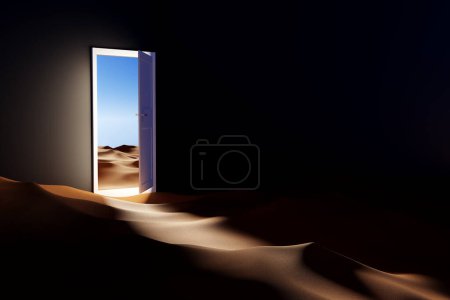 Téléchargez les photos : Porte ouverte et lumière conduisant au désert - Concept minimal. Illustration 3d Rendu - en image libre de droit
