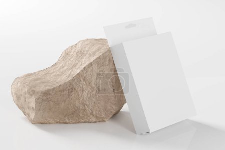 Téléchargez les photos : Maquette de boîte de vente au détail sur un rocher - Illustration 3D - en image libre de droit