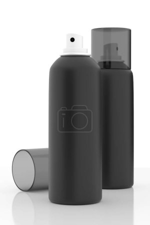 Foto de Mockup de latas de spray de perfume desodorante negro en blanco - 3D Illustration Render - Imagen libre de derechos