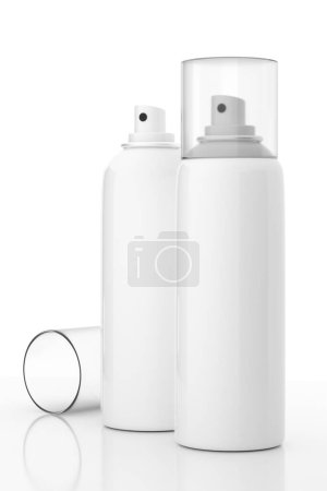 Foto de Desodorante blanco en blanco Perfume Spray latas Mockup - 3D Illustration Render - Imagen libre de derechos