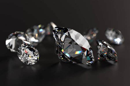 Téléchargez les photos : Beaux diamants brillants sur fond noir - Illustration 3D rendu - en image libre de droit