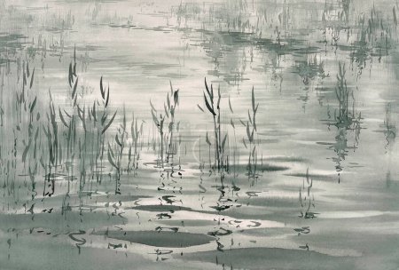 Wassergras mit Spiegelungen auf grauem Aquarell-Hintergrund. Sommerlandschaft