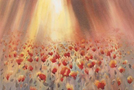 Photo for Red poppy field in the evening light watercolor background. Summer landscape - Royalty Free Image