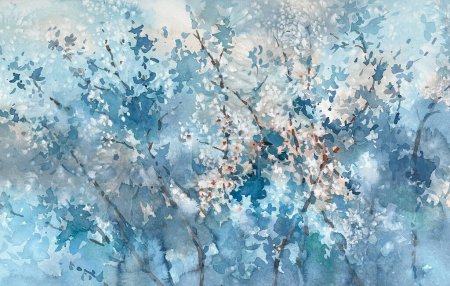 Sakura branches flowering watercolor background. Spring illustration. Cherry bloom