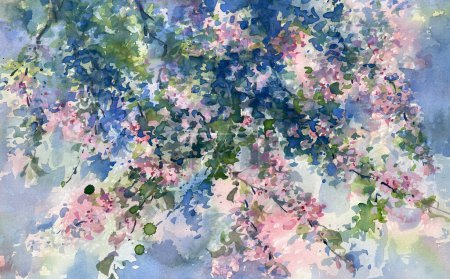 Foto de Sakura ramas florecientes acuarela fondo. Ilustración de primavera. Flor de cerezo - Imagen libre de derechos