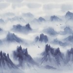 Mountain panorama in the mist watercolor background. One color illustration