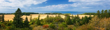 Téléchargez les photos : Vue panoramique panoramique des champs, des forêts et du golfe du Saint-Laurent sur la péninsule gaspésienne, Québec, Canada - en image libre de droit