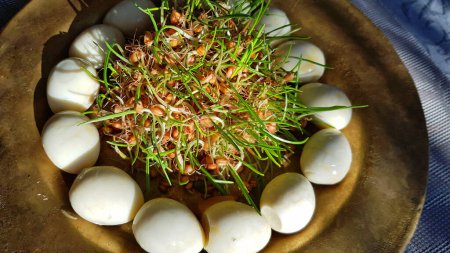 Sol-Eier aus Wachteln auf Weizengras-Sprossen