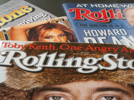 Photo for Close up of Rolling Stone paper print music magazine covers. Founded in San Francisco, California, 1967. Copenhagen, Denmark - May 7, 2023. - Royalty Free Image