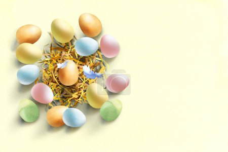 Photo for Colorful easter eggs in the nest with feathers, pastel color. Happy Easter concept, horizontal banner, poster, template header, copy space. Hand drawn watercolor illustration on light background - Royalty Free Image