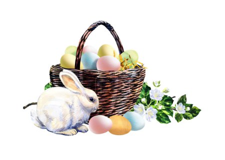 Photo for Easter wicker basket with pastel eggs, cute little bunny rabbit. Happy Easter, spring concept. Design element for greeting card, banner. Isolated hand drawn watercolor illustration on white background - Royalty Free Image