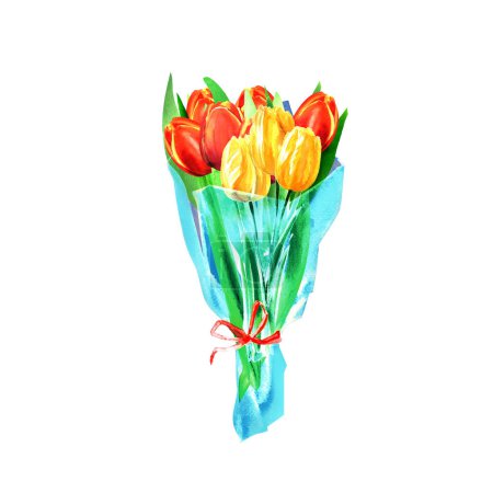 Photo for Fresh lush bouquet of colorful tulip bloom flowers wrapped in transparent packaging spring concept. Design element for greeting card banner Isolated hand drawn watercolor illustration white background - Royalty Free Image
