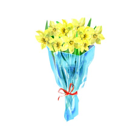 Photo for Fresh bouquet of colorful daffodil bloom flowers wrapped in transparent packaging spring concept. Design element for greeting card banner Isolated hand drawn watercolor illustration white background - Royalty Free Image