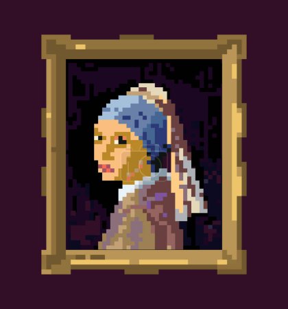 Illustration for Pixel Art Girl with a pearl earring in frame. Creative redrawing artwork, crypto art, modern digital pixelated canvas, NFT nonfungible token. Worlds Most Famous Painting. Vector illustration - Royalty Free Image