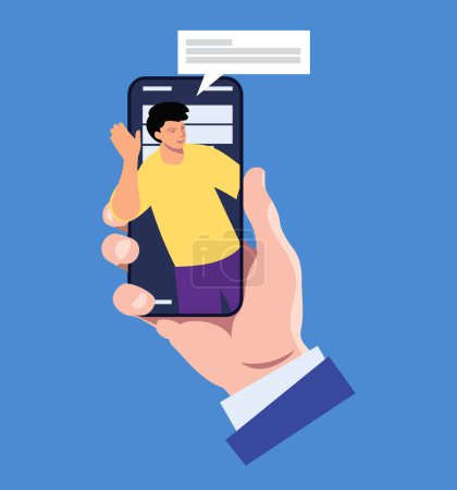 Photo for Hand holding mobile phone smartphone with young man waving by hand on the screen. Online communication, connection, messenger concept. Vector illustration, cartoon style, flat graphic - Royalty Free Image