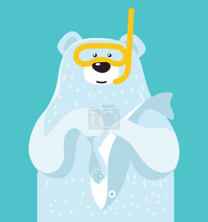Photo for Cute baby polar bear in diving mask and fish on blue background. Design for logo, poster, card. Childrens animal character. Cartoon vector illustration, flat style - Royalty Free Image