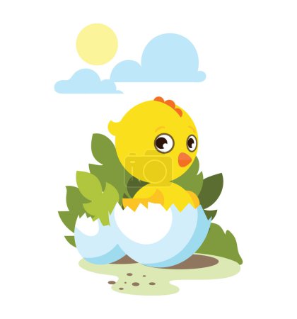 Photo for Funny yellow newborn chicken in broken egg shell, cute little baby chick hatched from egg. Vector cartoon emoji character, flat illustration - Royalty Free Image