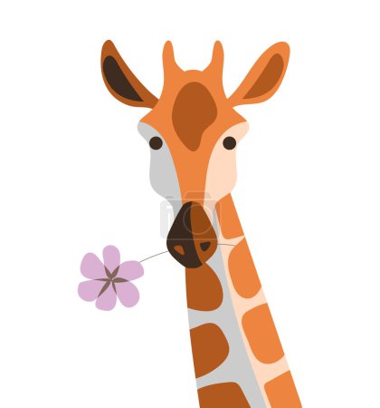 Photo for Cute giraffe with flower, wild safari africa animal, portrait, isolated. Design for logo, book, poster, card. Funny childrens animal character. Cartoon vector illustration, white background flat style - Royalty Free Image