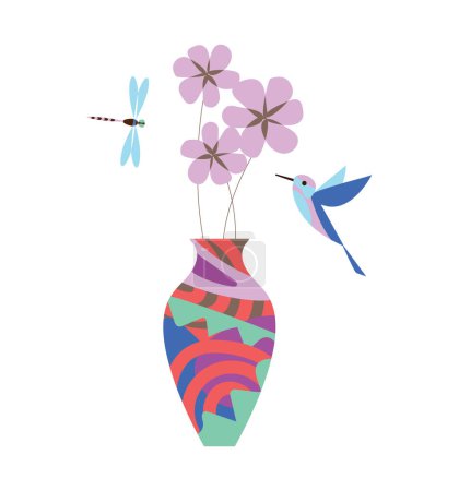 Téléchargez les illustrations : Illustration vectorielle : Vase avec fleurs, colibris et libellules. Parfait pour les dessins sur le thème de la nature. Utilisez-le pour les sites Web, les cartes de vœux, les invitations, les affiches, etc. - en licence libre de droit