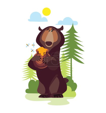 Photo for Adorable bear cub holding a pot of honey accompanied by bees in a lush green forest. Vector cartoon in childrens style on white background. Perfect for childrens books and fun illustrations - Royalty Free Image