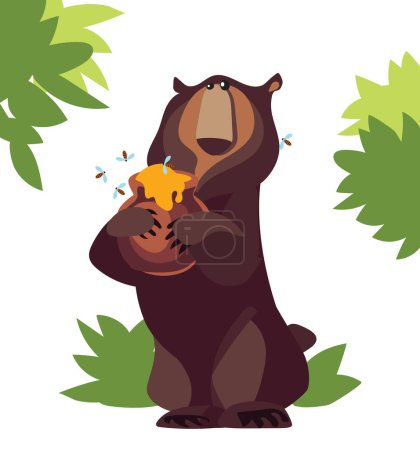 Photo for Child-like cartoon bear with honey pot, bees in green forest. Whimsical vector illustration for nature-themed designs, kids projects, and more. White background - Royalty Free Image