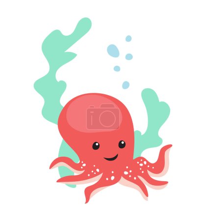 Illustration for Vibrant red octopus amidst lush green algae. Stunning vector illustration, perfect for marine-themed designs. - Royalty Free Image