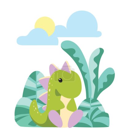 Ilustración de Dinosaurio verde en un exuberante entorno forestal. Arte vectorial versátil adecuado para varios proyectos temáticos de la naturaleza y más. - Imagen libre de derechos