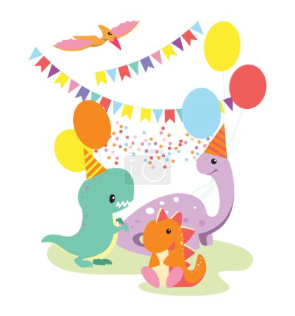 Photo for Joyful cartoon dinosaurs with balloons and flags on background. Versatile vector for celebrations, kids events, and more. - Royalty Free Image