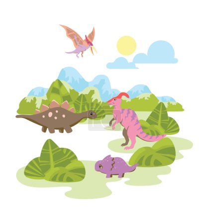 Photo for Cheerful cartoon dinosaurs amid mountainous terrain and lush greenery. Versatile vector art suitable for various creative applications. - Royalty Free Image