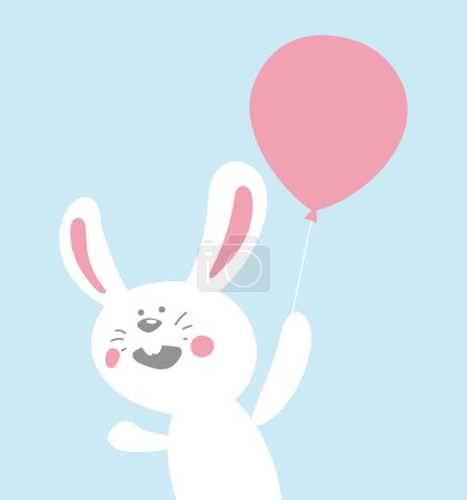 Ilustración de Dibujo vectorial de un conejo blanco de dibujos animados con un globo rosa sobre un fondo azul. Encantadora ilustración vectorial perfecta para la literatura infantil y materiales educativos - Imagen libre de derechos