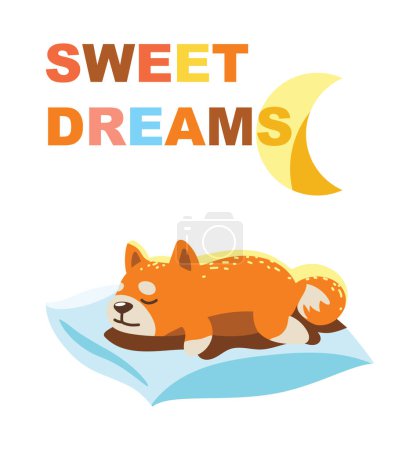 Photo for Vector drawing of a cartoon small dog sleeping on a pillow with the inscription sweet dreams. Vector illustration. Perfect for childrens literature and educational materials - Royalty Free Image