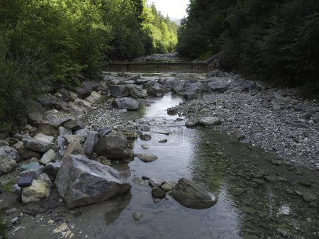Bachlauf in einem Naturgebiet in Oberbayern mit Staudämmen und großen Steinen bei Sonnenaufgang, 4k
