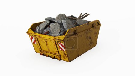 Yellow rusty dumpster container angle view isolated on a white background. 3D Rendering, Illustration.