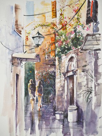 Foto de Tourists visit Old Town of Trogir, Croatia. Trogir is a medieval town in Dalmatia listed as UNESCO World Heritage Site.Picture created with watercolors. - Imagen libre de derechos